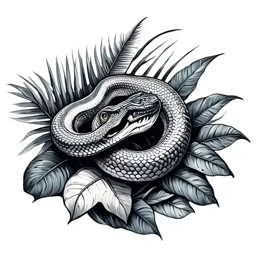 snake sleeve with tropical plants around it tattoo design idea