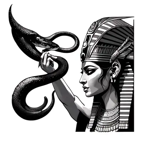 pharaoh egyptian goddess with a snake as her helmet, she's facing forward, and her hand is taking part of the tomb off tattoo design idea