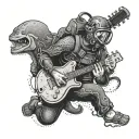 A scuba diver exploring the depths of the ocean with a guitar and harmonica strapped to their back tattoo design idea