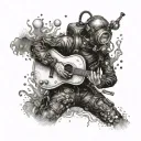 A scuba diver exploring the depths of the ocean with a guitar and harmonica strapped to their back tattoo design idea