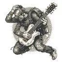 A scuba diver exploring the depths of the ocean with a guitar and harmonica strapped to their back tattoo design idea