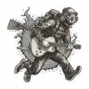 A scuba diver exploring the depths of the ocean with a guitar and harmonica strapped to their back tattoo design idea