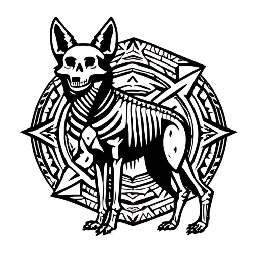 skeleton coyote standing inside a Navajo Aztec symbol  tattoo design idea