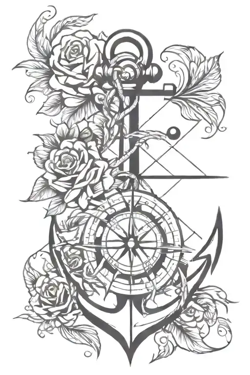 anchor, rose, compass, feathers tattoo design idea