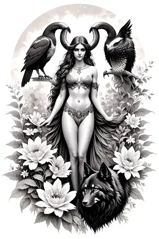 aries goddess surrounded by flowers growing with a black wolf at my side and a hawk.  tattoo design idea