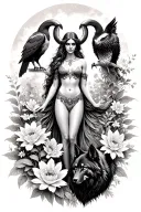aries goddess surrounded by flowers growing with a black wolf at my side and a hawk.  tattoo design idea