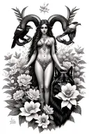 aries goddess surrounded by flowers growing with a black wolf at my side and a hawk.  tattoo design idea