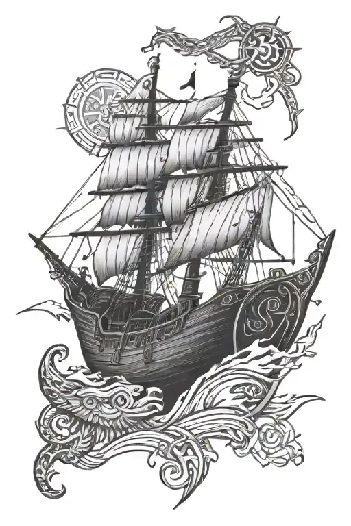 viking ship sailing with runes and norse gods tyr Nordic God tattoo design idea