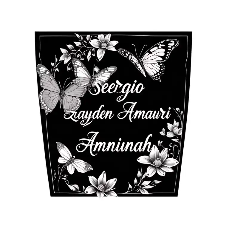 "Sergio Zayden Amauri Aminah " 4 children's name incorporated within butterflies and flowers  tattoo design idea