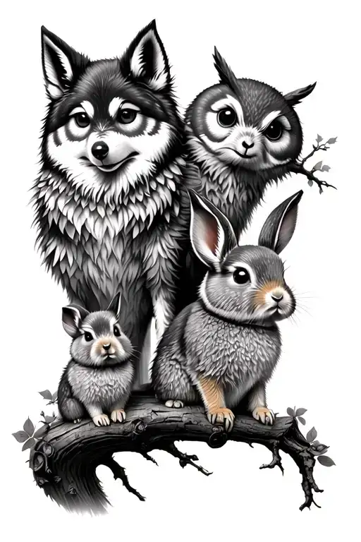 baby wolf, baby rabbit, baby owl  all being protected by a tree tattoo design idea