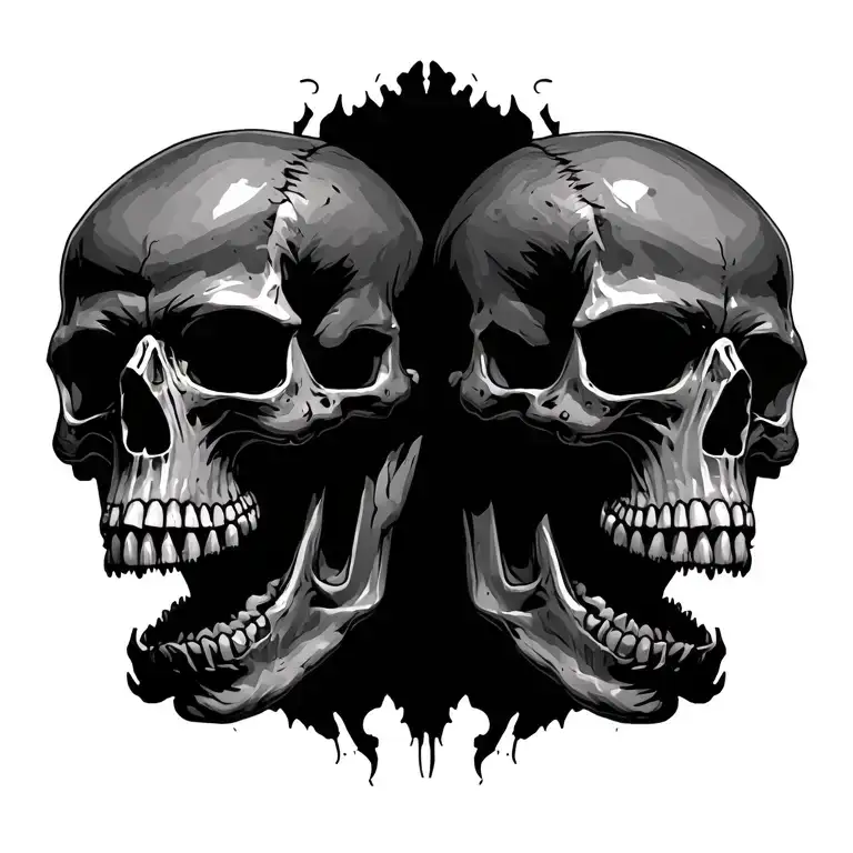 Two Skulls joined from the back pulling away from each other with mouths opened tattoo design idea