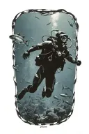 male horizontal scuba diver silhouette exploring the open ocean surrounded only by water with fins, an air tank arms  tattoo design idea