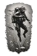 male horizontal scuba diver silhouette exploring the open ocean surrounded only by water with fins, an air tank arms  tattoo design idea