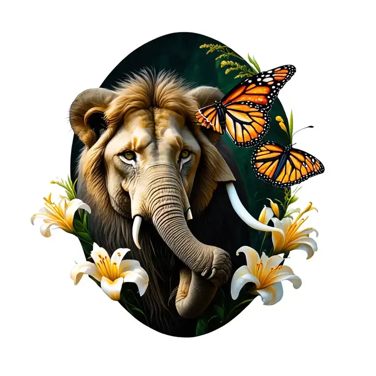 elephant, lion,  monarch butterfly surrounded by lillies tattoo design idea