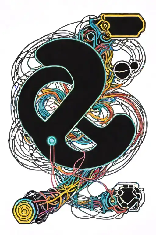 open mechanical arm sleeve with glowing wires in shape of autistic infinity sign (rainbow colored wires) tattoo design idea