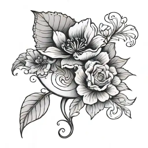 moon with pansy, water lily, and rose tattoo design idea
