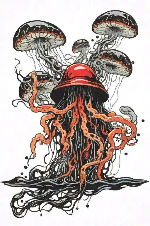 jelly fish swimming gracefully in black water, the face of a young teenage geek weaing a hoodie appears in the waves of  tattoo design idea