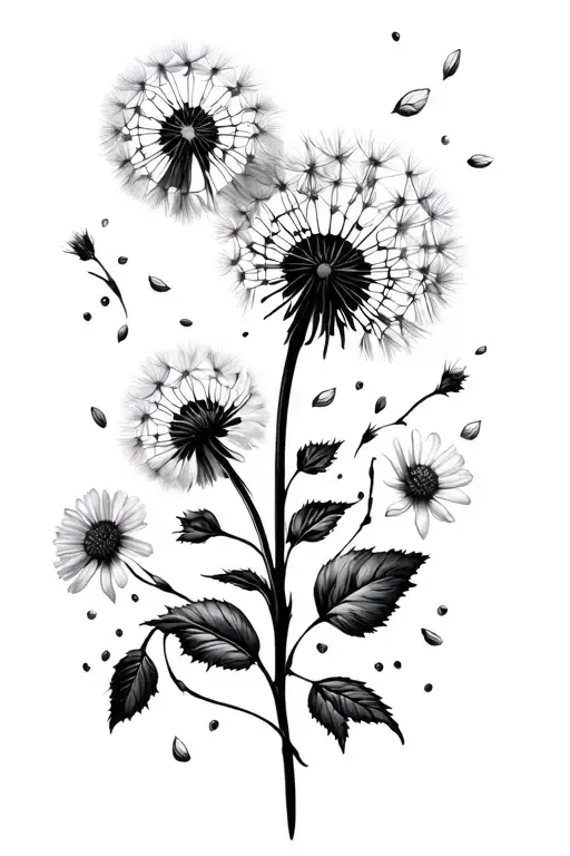 blown dandelion flower with seeds floating around and rose and aster flowers intertwined  tattoo design idea