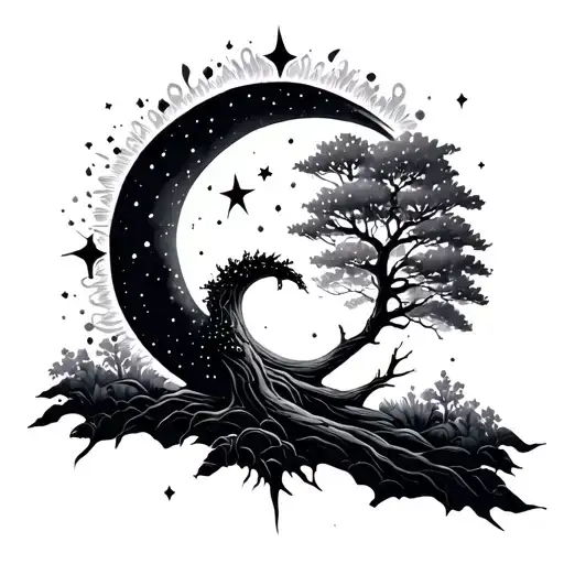 sun, moon, tree, stars tattoo design idea