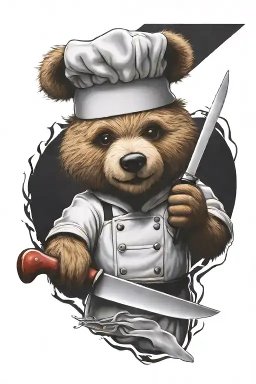 a sarcastic teddy bear who is a professional chef holding a chef knife  tattoo design idea