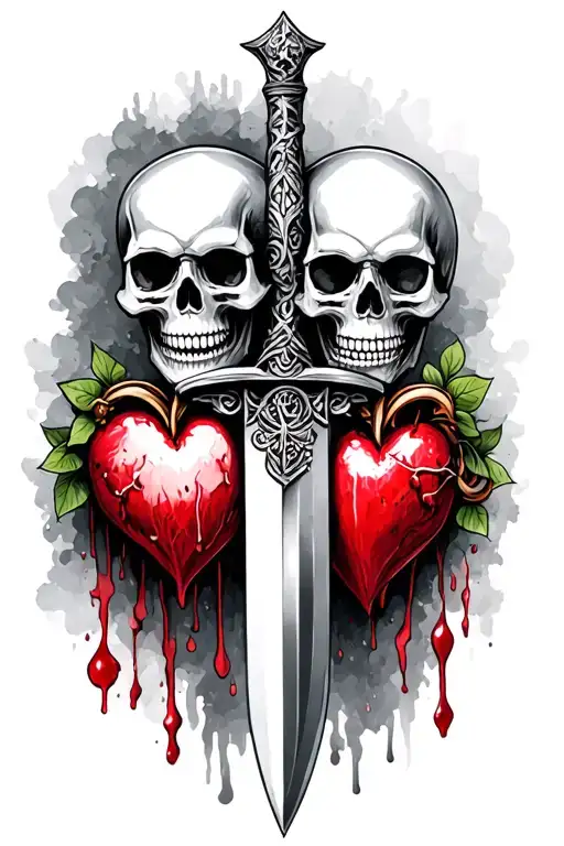 irish dagger, two skulls, bleeding heart tattoo design idea
