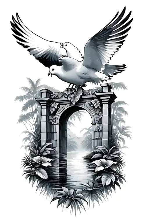 tropical rain forest leading to heaven gates doves flying tattoo design idea