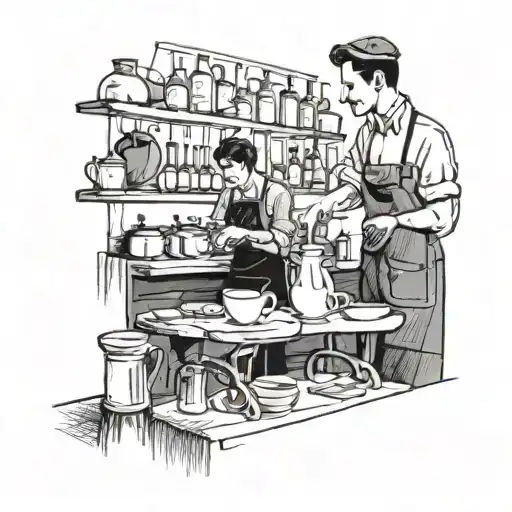 Vintage French cafe scene with a barista serving coffee tattoo design idea