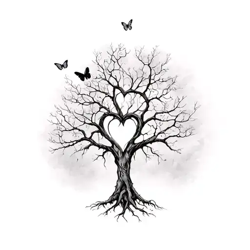 Dead tree with roots forming a heart and a butterfly perched on one of its branches. The drawing is all in black and whi tattoo design idea