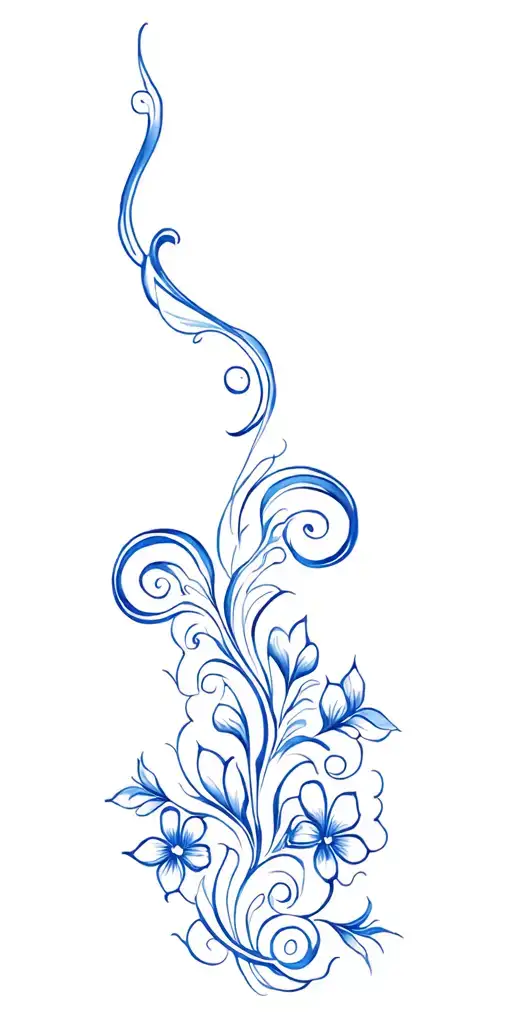Gzhel style tattoo, blue and white color, as many swirls as possible, fewer flowers, Russian ceramic painting, minimalis tattoo design idea
