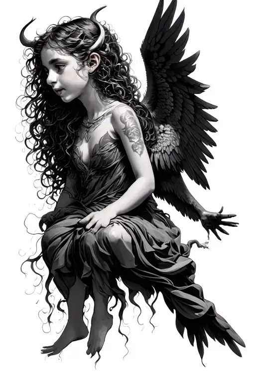 A girl who flies out of her head an angel and a demon tattoo design idea