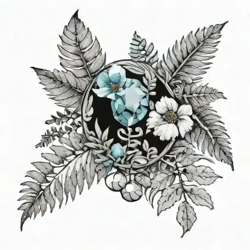 celene aquamarine birthstone with ferns tattoo design idea
