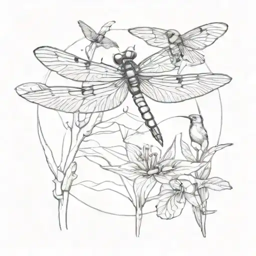 A dragonfly and cardinal and hummingbird in a landscape   tattoo design idea