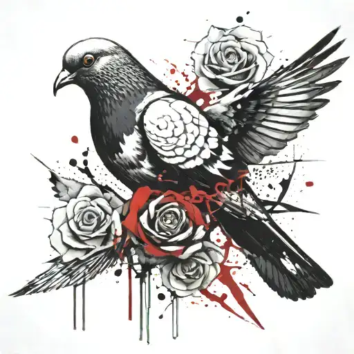 pigeon carrying a black and white rose tattoo design idea