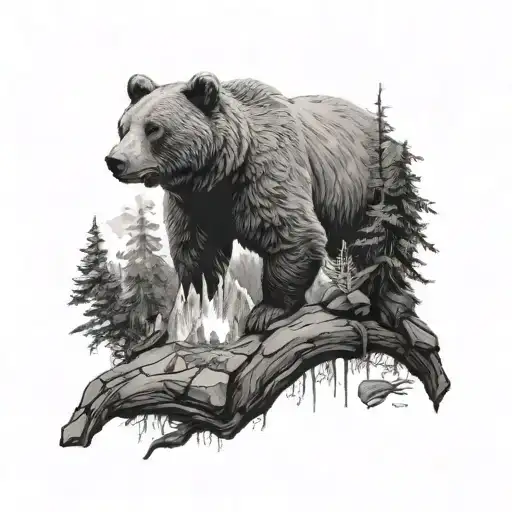 on the shoulder is a bear with claws, further to the wrist is nature, forest, moon, stones tattoo design idea