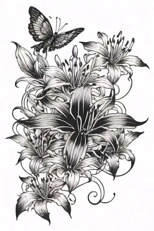  thin lines of black smoke from the index finger to the top of the shoulder with 4 red spider lilies, with Koi fish   tattoo design idea
