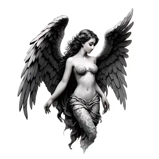 angel falling elegantly feminine shaded body tattoo design idea