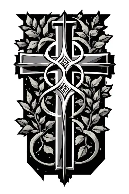 greek orthodox cross with vines and leaves intertwined tattoo design idea