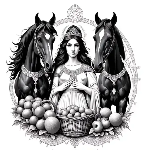 Celtic Goddess, Epona. surrounded by Horses and with a basket of fruit tattoo design idea