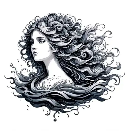 Libra scale Aquarius waves flowing hair swimming album cover tattoo design idea