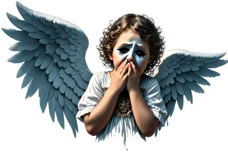 The angel child covers its mouth with its fingers, and on the left and right are two theatrical masks of sadness and joy tattoo design idea