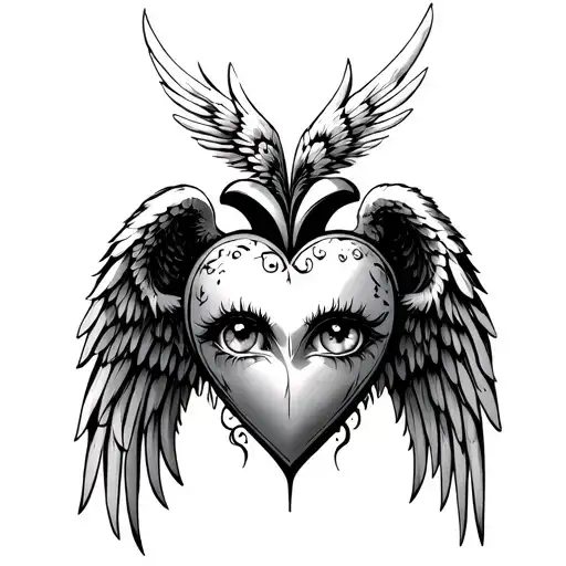 heart with seraphim wings and eyes surrounded tattoo design idea