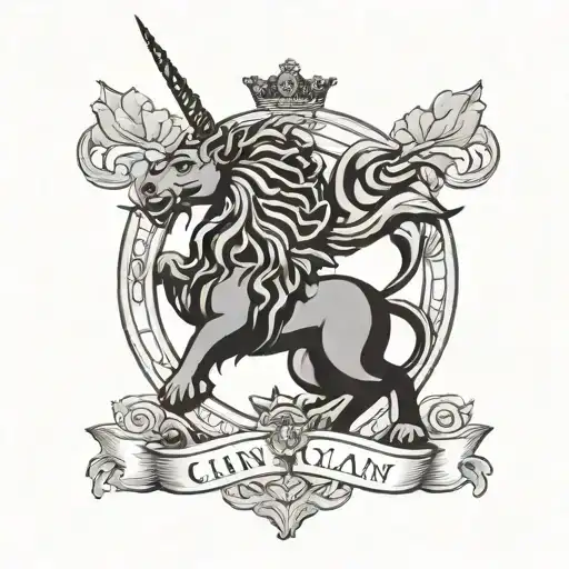 Scottish clan Duncan crest in heraldic style with unicorn, lion rampant, Scottish thistle and English rose tattoo design idea