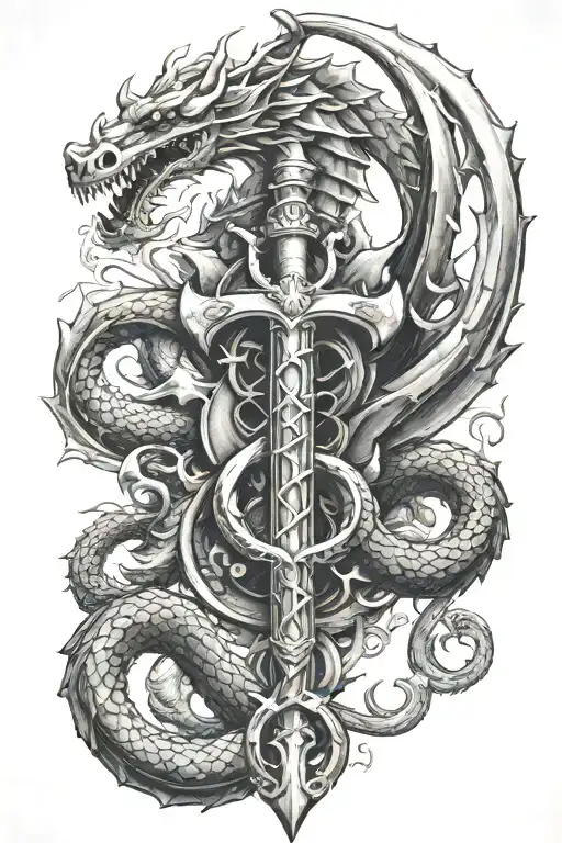 Caduceus with dragons instead of snakes and a helmet on a rifle instead of a staff tattoo design idea