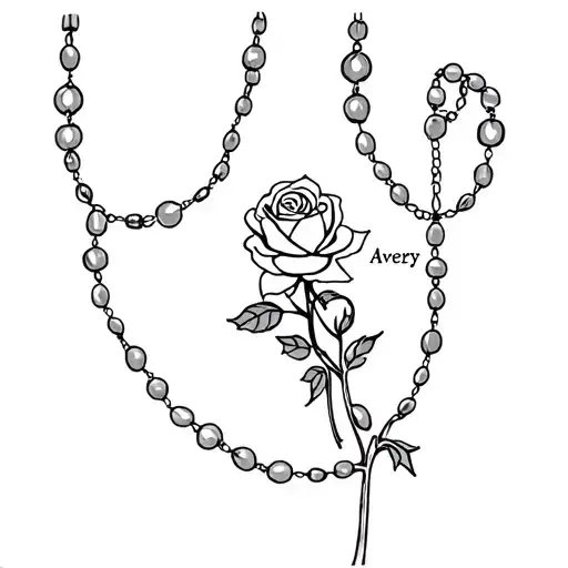 rosary wrapped loosely with the name Avery with  rose for around wrist tattoo design idea