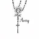 rosary wrapped loosely with the name Avery with  rose for around wrist tattoo design idea