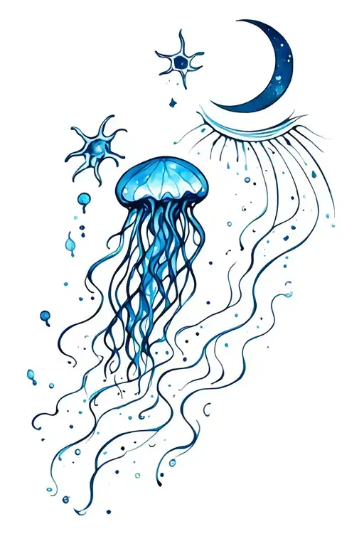 a feminine tatoo ocean theme with jelly fish and a moon and a ray tattoo design idea
