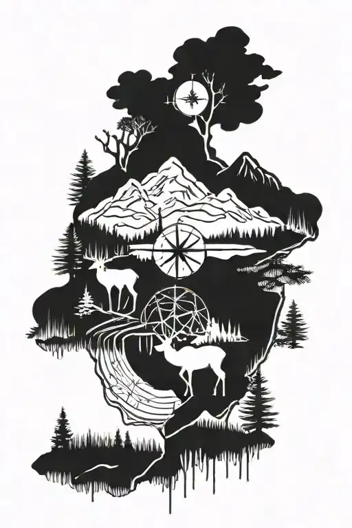mountains, trees, compass, family, elk   tattoo design idea