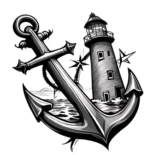 anchor, lighthouse and compass intertwined symbolizing the client's tattoo design idea