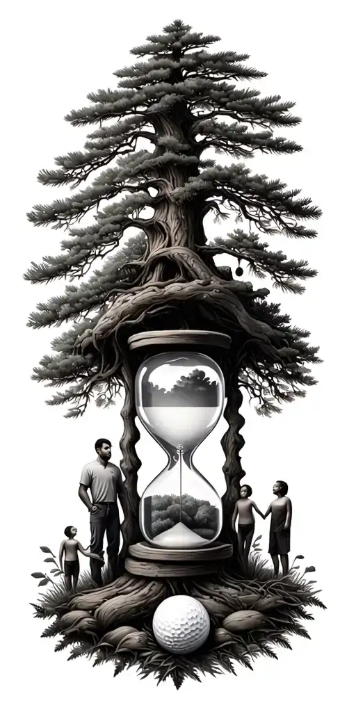 Pine forest wrap around and family tree and hour glass father with 3 kids and golf tattoo design idea