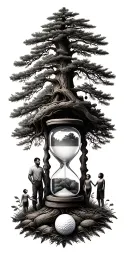 Pine forest wrap around and family tree and hour glass father with 3 kids and golf tattoo design idea